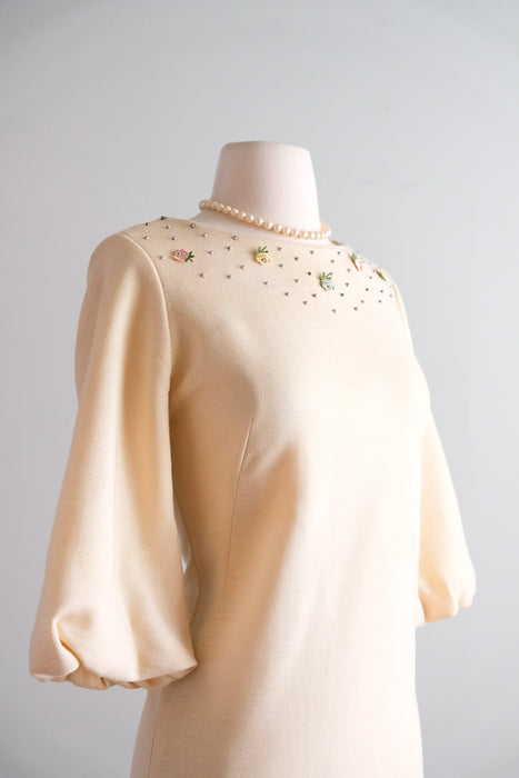 Vintage 1960's Pastel & Pearl Adorned Ivory Knit Mod Mini Dress/ Medium