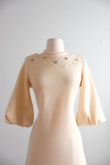 Vintage 1960's Pastel & Pearl Adorned Ivory Knit Mod Mini Dress/ Medium