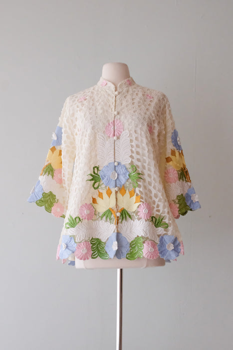Delightful 1970's Pastel Floral Embroidered Eyelet Jacket  / Sz M
