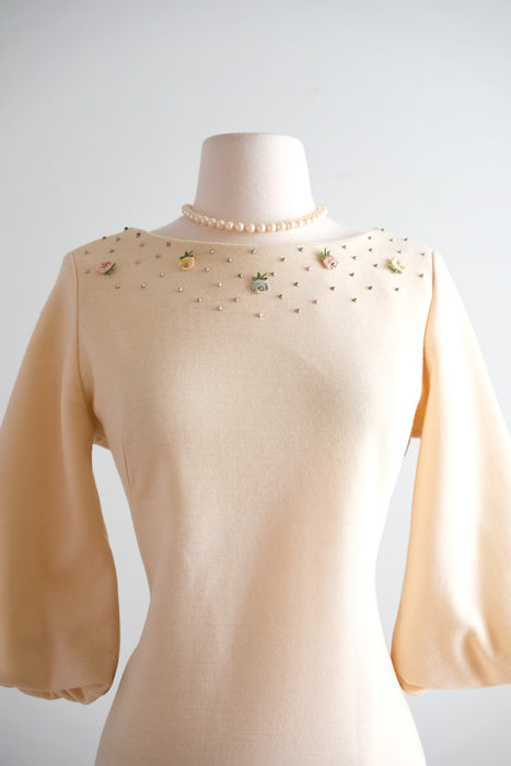 Vintage 1960's Pastel & Pearl Adorned Ivory Knit Mod Mini Dress/ Medium