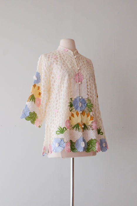 Delightful 1970's Pastel Floral Embroidered Eyelet Jacket  / Sz M