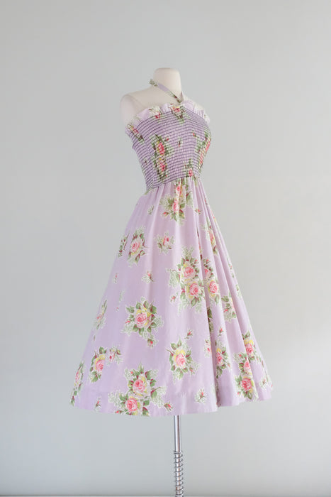 Darling 1950's Shirred Lavender Floral Dress / Sz M