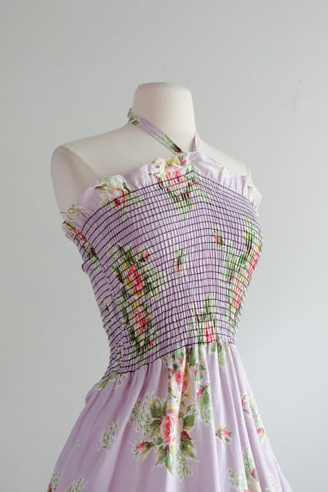 Darling 1950's Shirred Lavender Floral Dress / Sz M