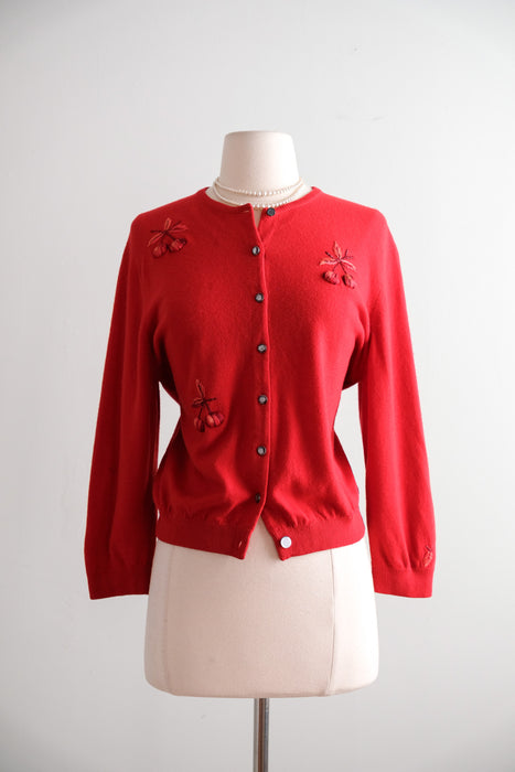 Fabulous Vintage 1950's Cherry Embroidered Cashmere Cardigan Sweater / M