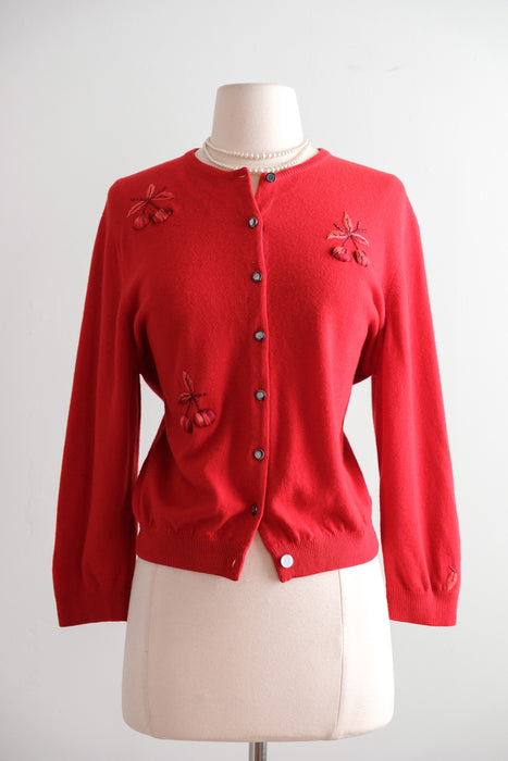 Fabulous Vintage 1950's Cherry Embroidered Cashmere Cardigan Sweater / M