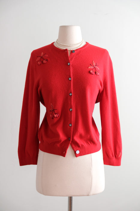 Fabulous Vintage 1950's Cherry Embroidered Cashmere Cardigan Sweater / M