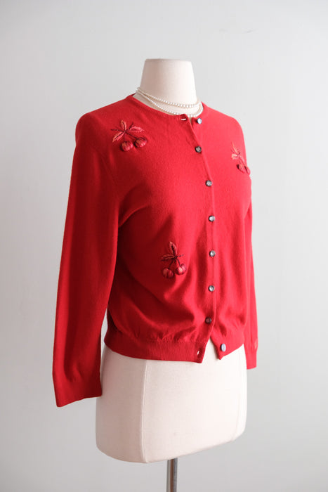 Fabulous Vintage 1950's Cherry Embroidered Cashmere Cardigan Sweater / M