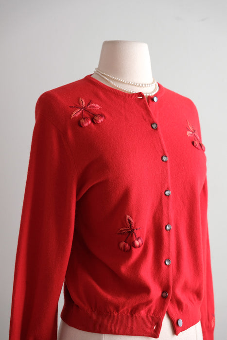 Fabulous Vintage 1950's Cherry Embroidered Cashmere Cardigan Sweater / M
