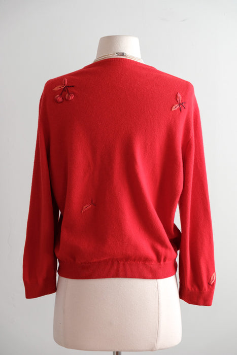 Fabulous Vintage 1950's Cherry Embroidered Cashmere Cardigan Sweater / M