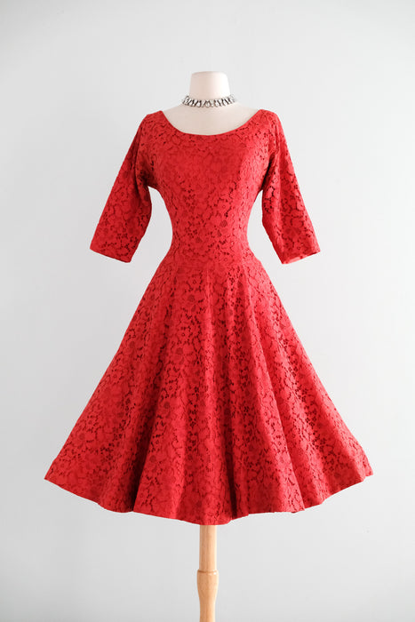Classic 1950's Rose Red Lace Full Skirt Party Dress / S