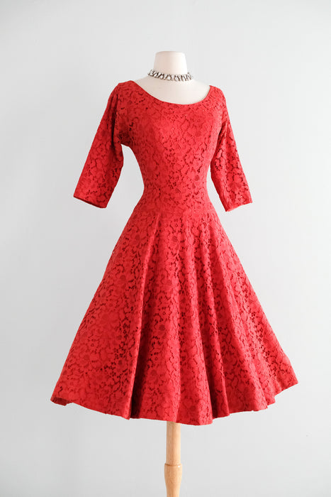 Classic 1950's Rose Red Lace Full Skirt Party Dress / S