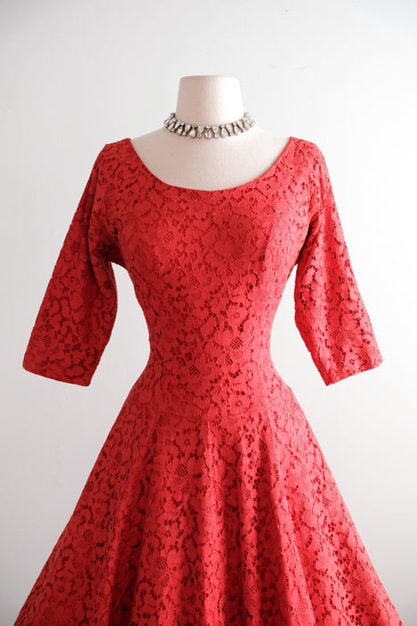 Classic 1950's Rose Red Lace Full Skirt Party Dress / S