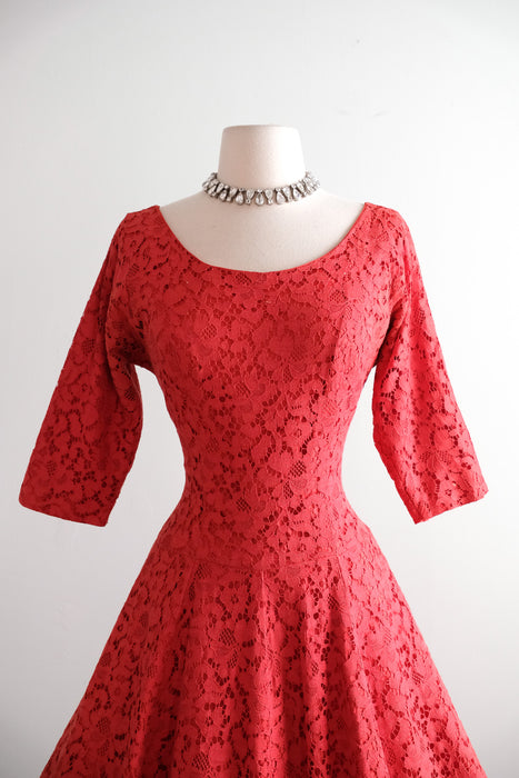 Classic 1950's Rose Red Lace Full Skirt Party Dress / S