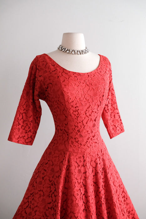 Classic 1950's Rose Red Lace Full Skirt Party Dress / S