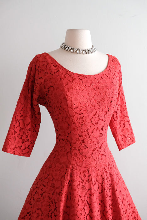 Classic 1950's Rose Red Lace Full Skirt Party Dress / S