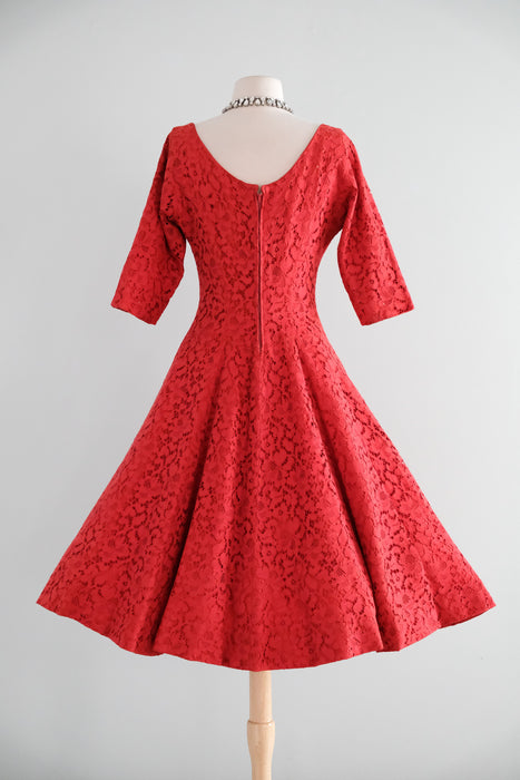 Classic 1950's Rose Red Lace Full Skirt Party Dress / S