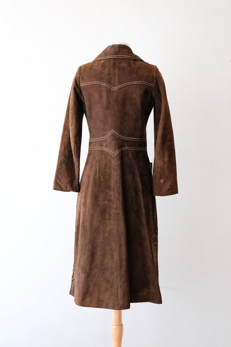 1970's Chocolate Suede Leather Longline Coat / Sz M