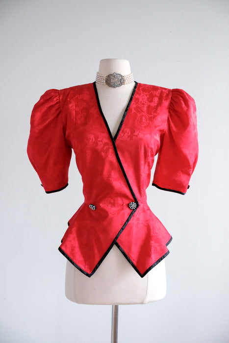 Vintage 1980's Romantic Red Peplum Blouse by Point of View / M