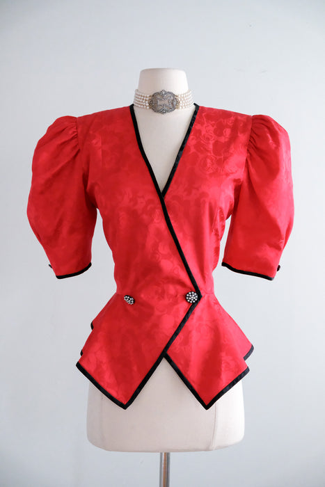 Vintage 1980's Romantic Red Peplum Blouse by Point of View / M