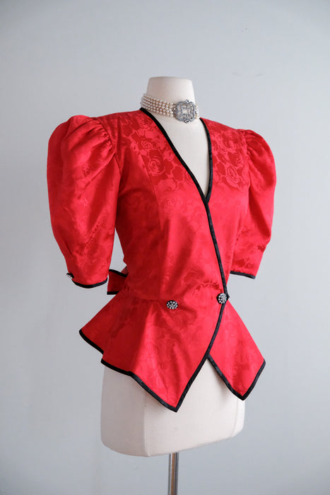 Vintage 1980's Romantic Red Peplum Blouse by Point of View / M