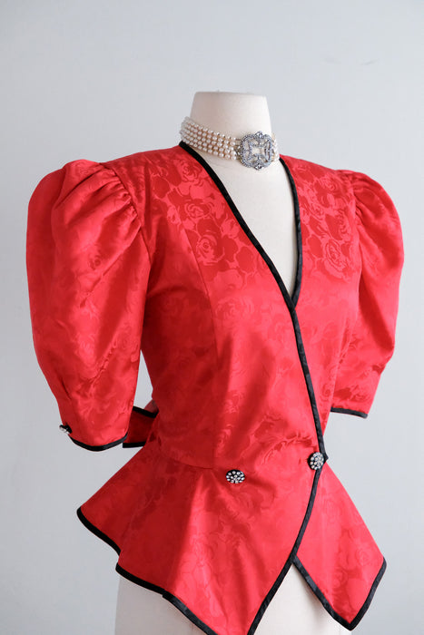 Vintage 1980's Romantic Red Peplum Blouse by Point of View / M
