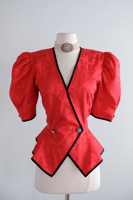 Vintage 1980's Romantic Red Peplum Blouse by Point of View / M