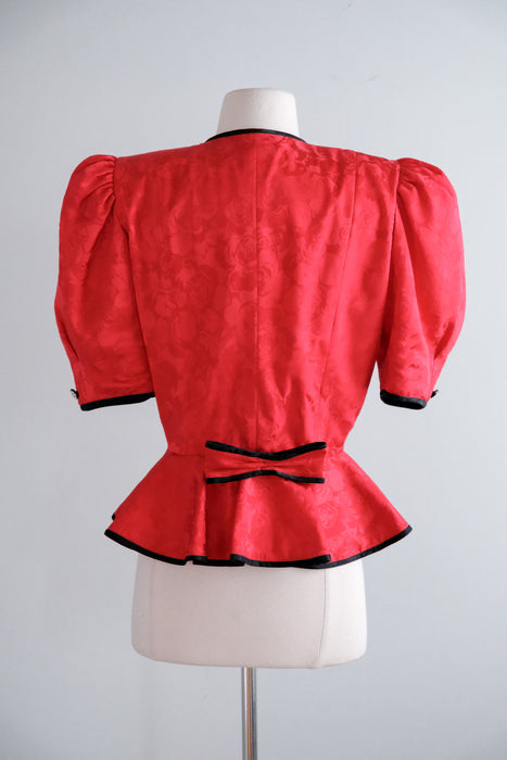 Vintage 1980's Romantic Red Peplum Blouse by Point of View / M