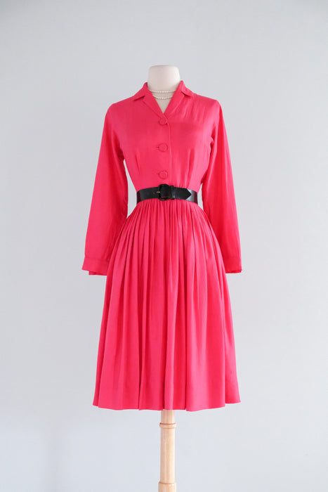Classic 1950's Cerise Pink Silk Shirtwaist Dress By Norman Wiatt / Small
