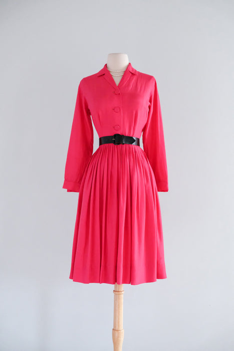 Classic 1950's Cerise Pink Silk Shirtwaist Dress By Norman Wiatt / Small