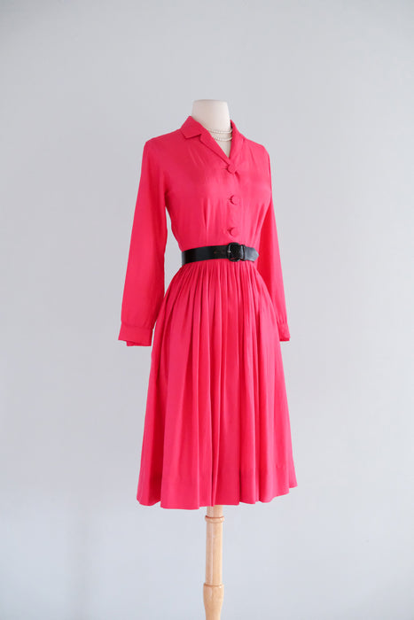 Classic 1950's Cerise Pink Silk Shirtwaist Dress By Norman Wiatt / Small
