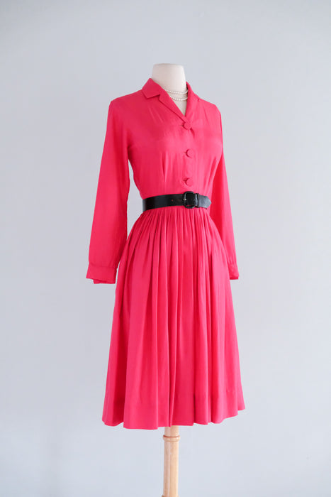Classic 1950's Cerise Pink Silk Shirtwaist Dress By Norman Wiatt / Small