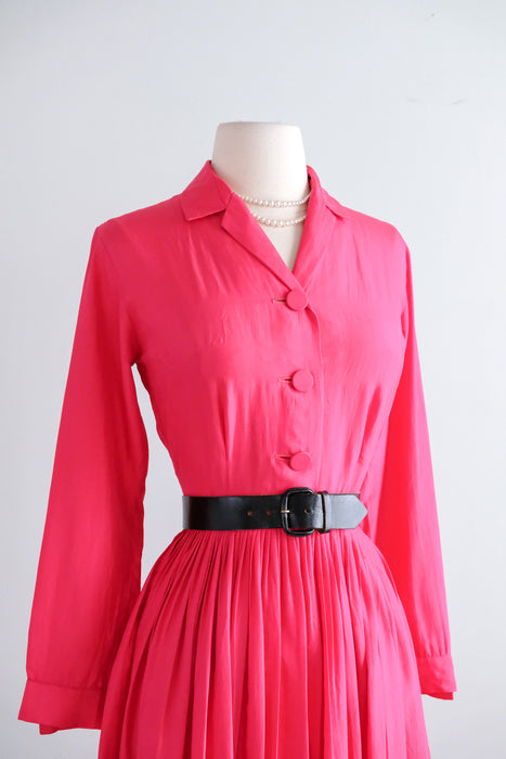 Classic 1950's Cerise Pink Silk Shirtwaist Dress By Norman Wiatt / Small