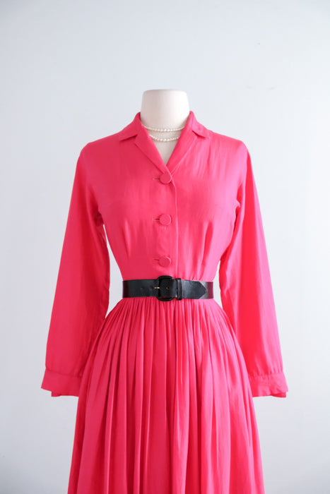 Classic 1950's Cerise Pink Silk Shirtwaist Dress By Norman Wiatt / Small