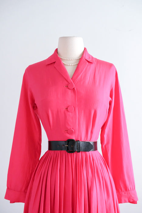 Classic 1950's Cerise Pink Silk Shirtwaist Dress By Norman Wiatt / Small