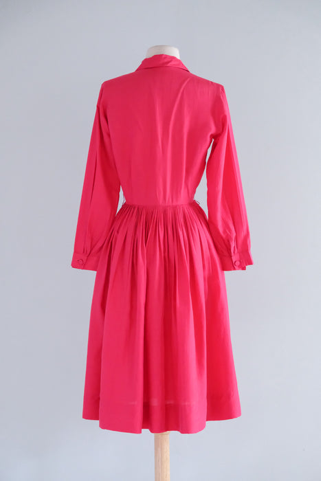 Classic 1950's Cerise Pink Silk Shirtwaist Dress By Norman Wiatt / Small