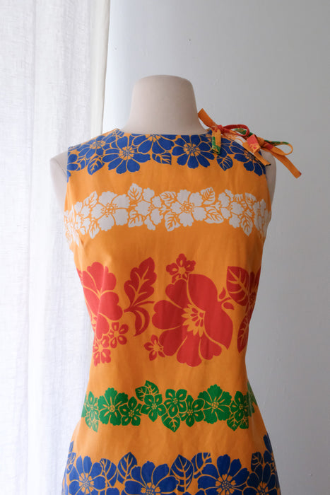 Amazing 1960's Tangerine Hawaiian Shift Dress / Sz M