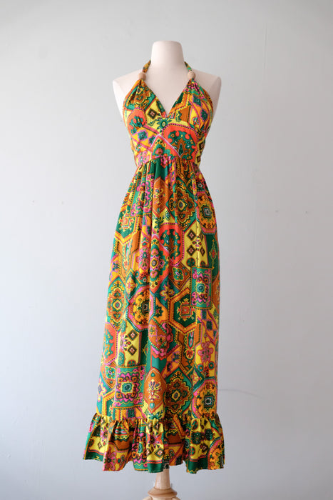 Super Rad Kaleidoscopic 1970's Halter Full Length Dress / Sz S
