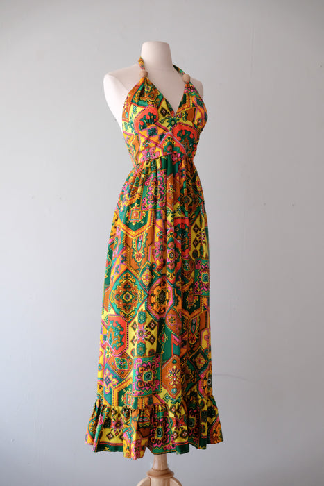 Super Rad Kaleidoscopic 1970's Halter Full Length Dress / Sz S Xtabay Vintage Super Rad Kaleidoscopic 1970's Halter Full Length Dress / Sz S Xtabay Vintage