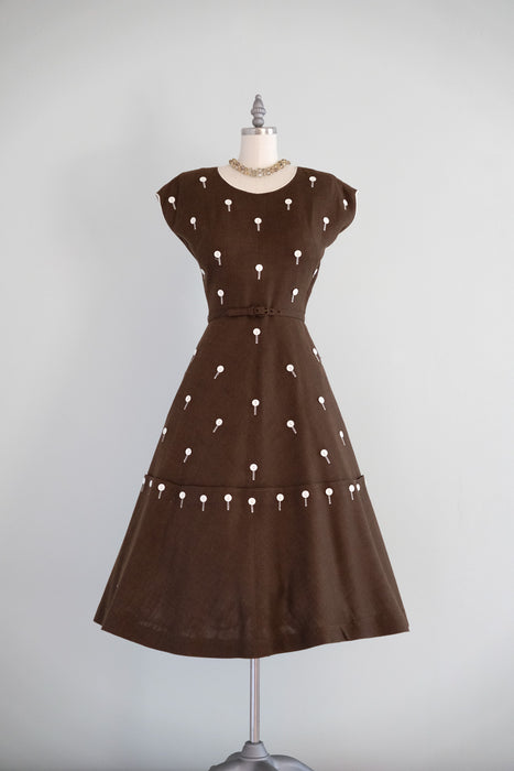 Adorable 1950's Doris Dodson Brown & White Button Dress / Sz Small