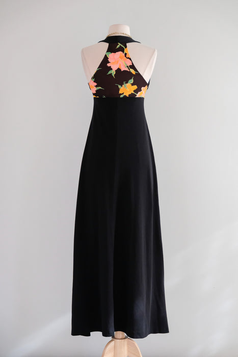 Vintage 1970's Resort-Wear Black Jersey Dress with Floral Bodice / Small