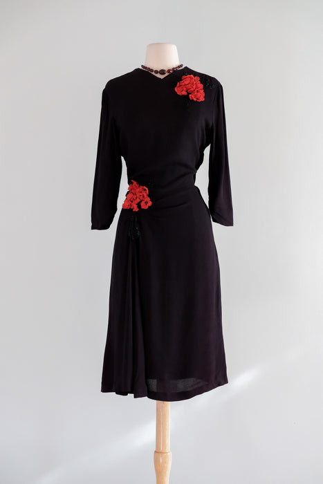 Vintage 1940's Black Cocktail Dress with Beautiful Floral Appliques / Medium