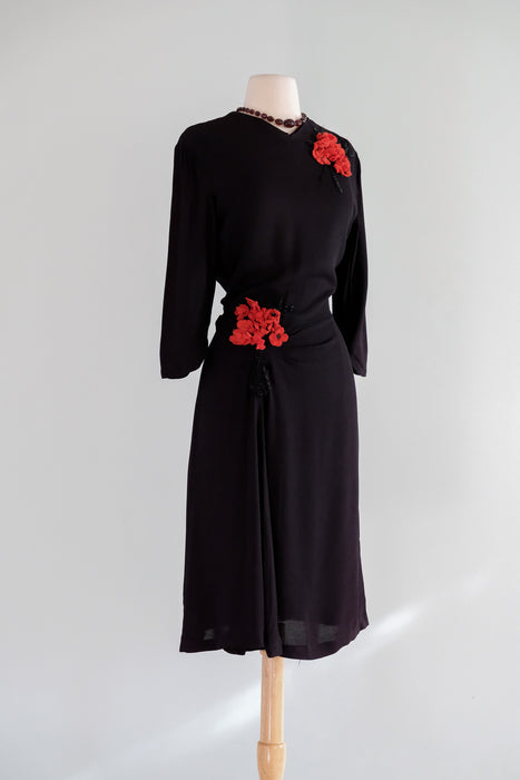 Vintage 1940's Black Cocktail Dress with Beautiful Floral Appliques / Medium