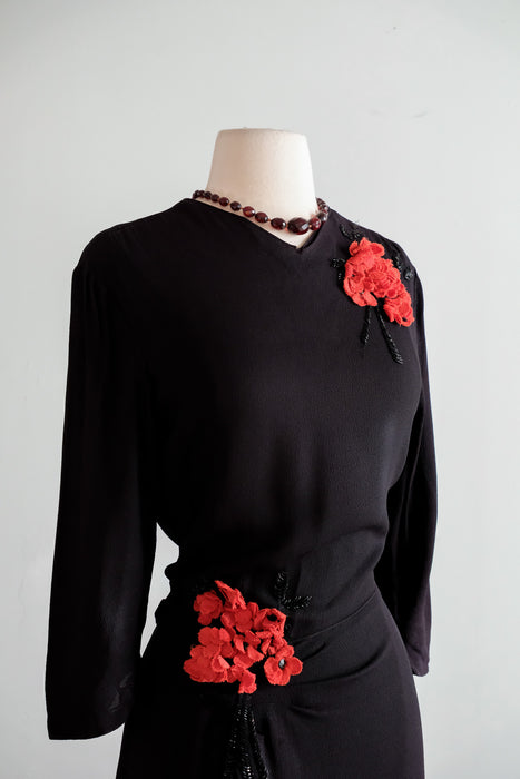 Vintage 1940's Black Cocktail Dress with Beautiful Floral Appliques / Medium
