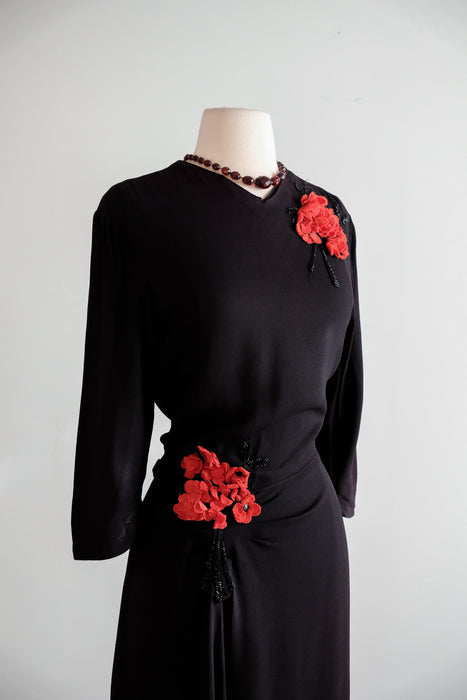 Vintage 1940's Black Cocktail Dress with Beautiful Floral Appliques / Medium
