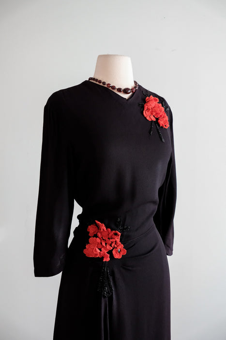 Vintage 1940's Black Cocktail Dress with Beautiful Floral Appliques / Medium
