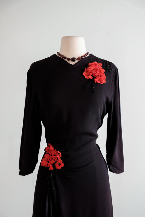 Vintage 1940's Black Cocktail Dress with Beautiful Floral Appliques / Medium