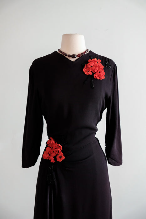 Vintage 1940's Black Cocktail Dress with Beautiful Floral Appliques / Medium