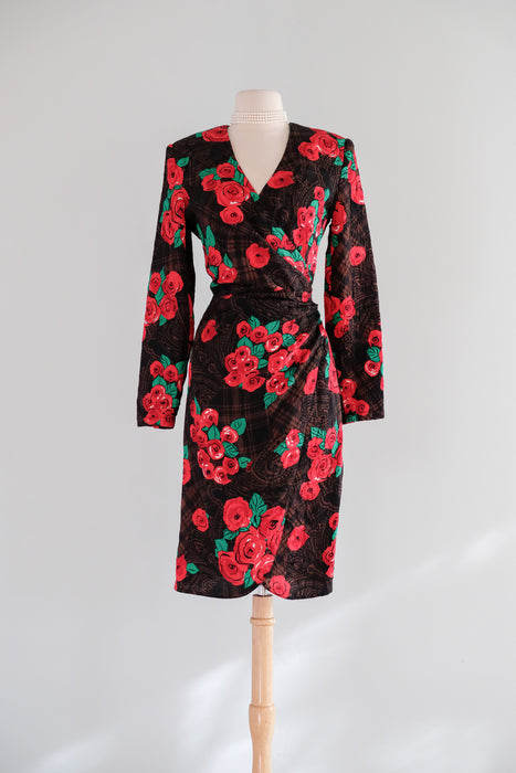 Classic 1980's Red Roses & Plaid Print Silk Dress by Louis Feraud / Small