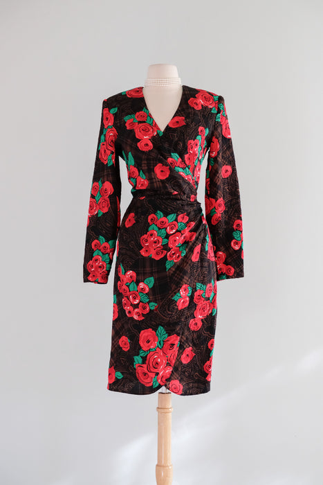 Classic 1980's Red Roses & Plaid Print Silk Dress by Louis Feraud / Small