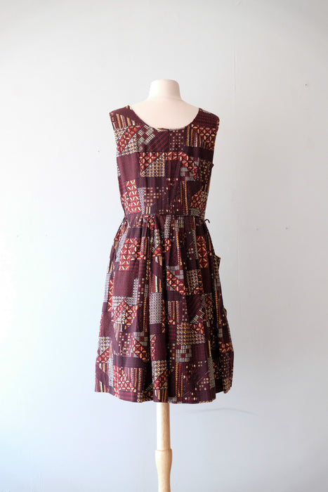 Fabulous 1960's Batik Style Fall Cotton Dress / Sz M Xtabay Vintage Fabulous 1960's Batik Style Fall Cotton Dress / Sz M Xtabay Vintage